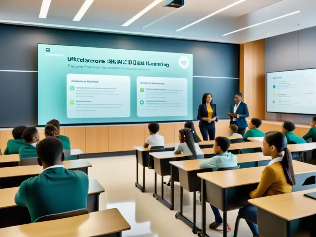 Escena de aula con estudiantes usando herramientas digitales personalizadas mientras el profesor monitorea en pantalla interactiva