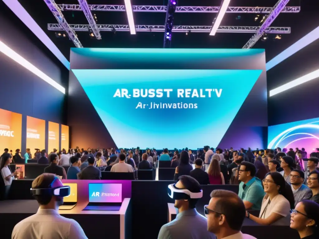 Escena bulliciosa de un festival de realidad virtual con innovadores eventos de RV/RA comunitarios, demostraciones y energía tecnológica vibrante