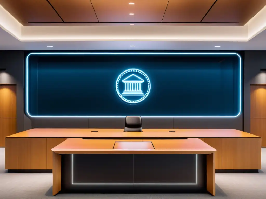 Escena futurista en una sala de juicios con ejecución de contrato inteligente en pantalla digital