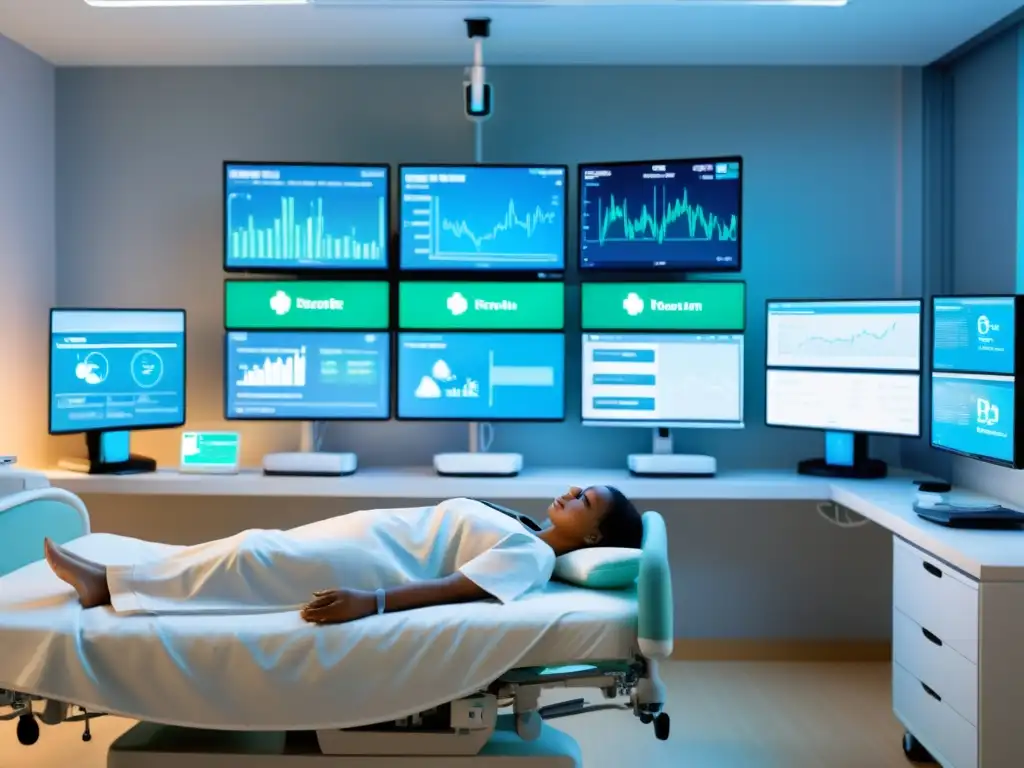 Serena tecnología de monitoreo remoto en hospital Escena hospitalaria minimalista: paciente en cama rodeado de dispositivos de monitoreo y pantallas con datos