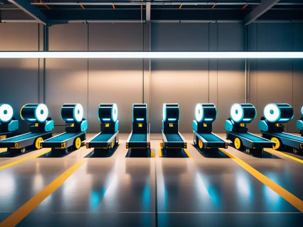 Escena moderna de almacén con robots y logística durante COVID19, destacando eficiencia y precisión en tonos metálicos