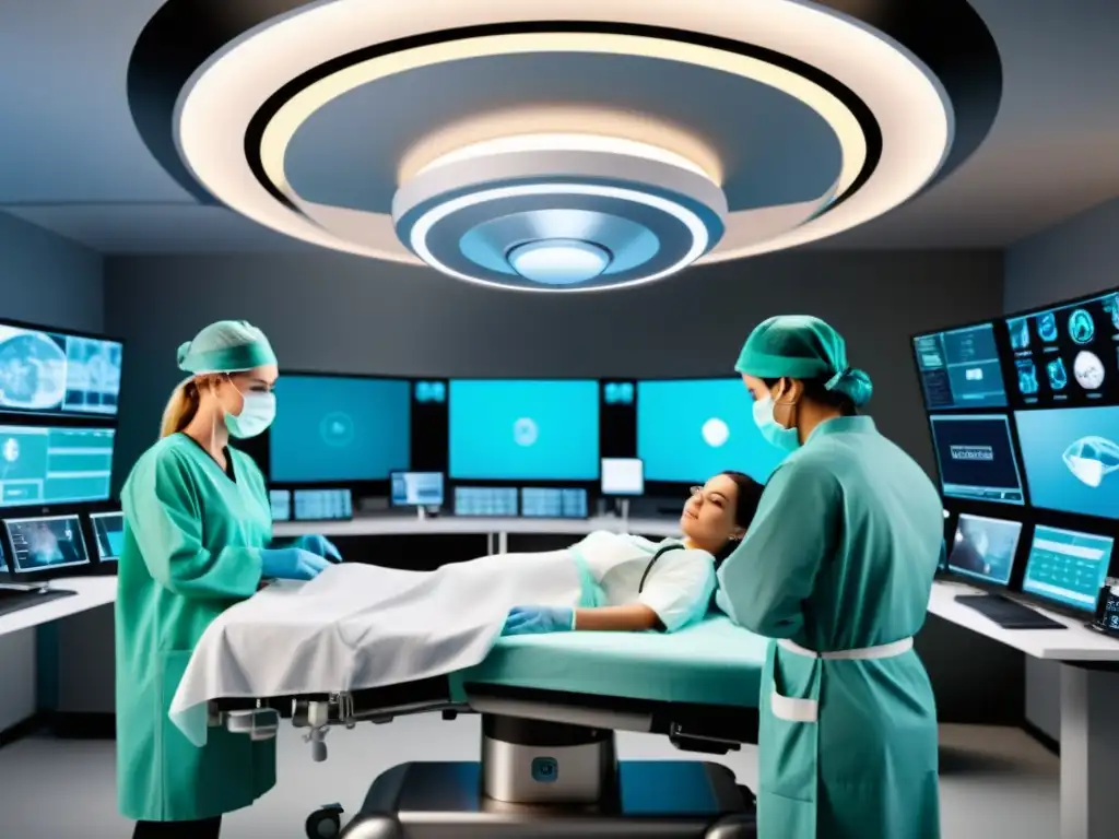 Escena realista de entrenamiento médico con IA en simulación virtual de un quirófano