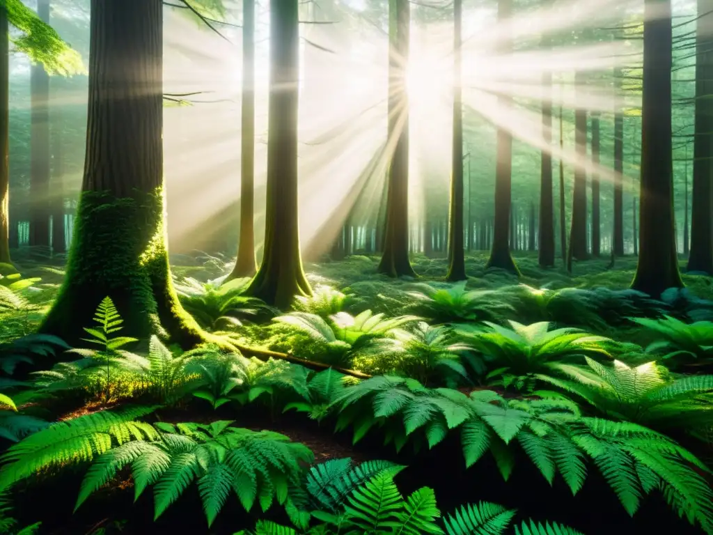 Escena serena en el bosque con luz solar filtrándose a través del frondoso dosel, creando patrones en el suelo