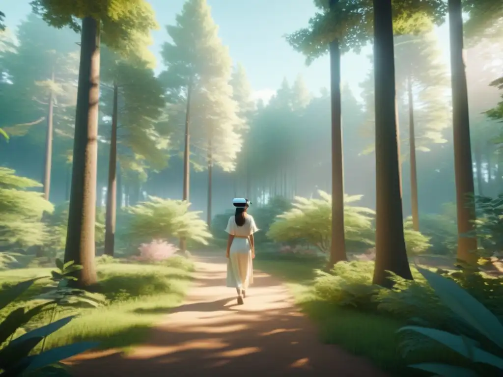 Escena serena de Realidad Virtual con bosque tranquilo y técnicas narrativas para Realidad Virtual