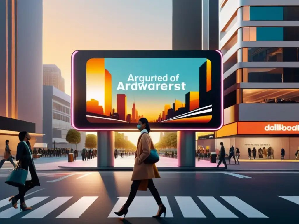 Escena urbana al atardecer con anuncio de realidad aumentada en publicidad, integrando tecnología en la vida cotidiana