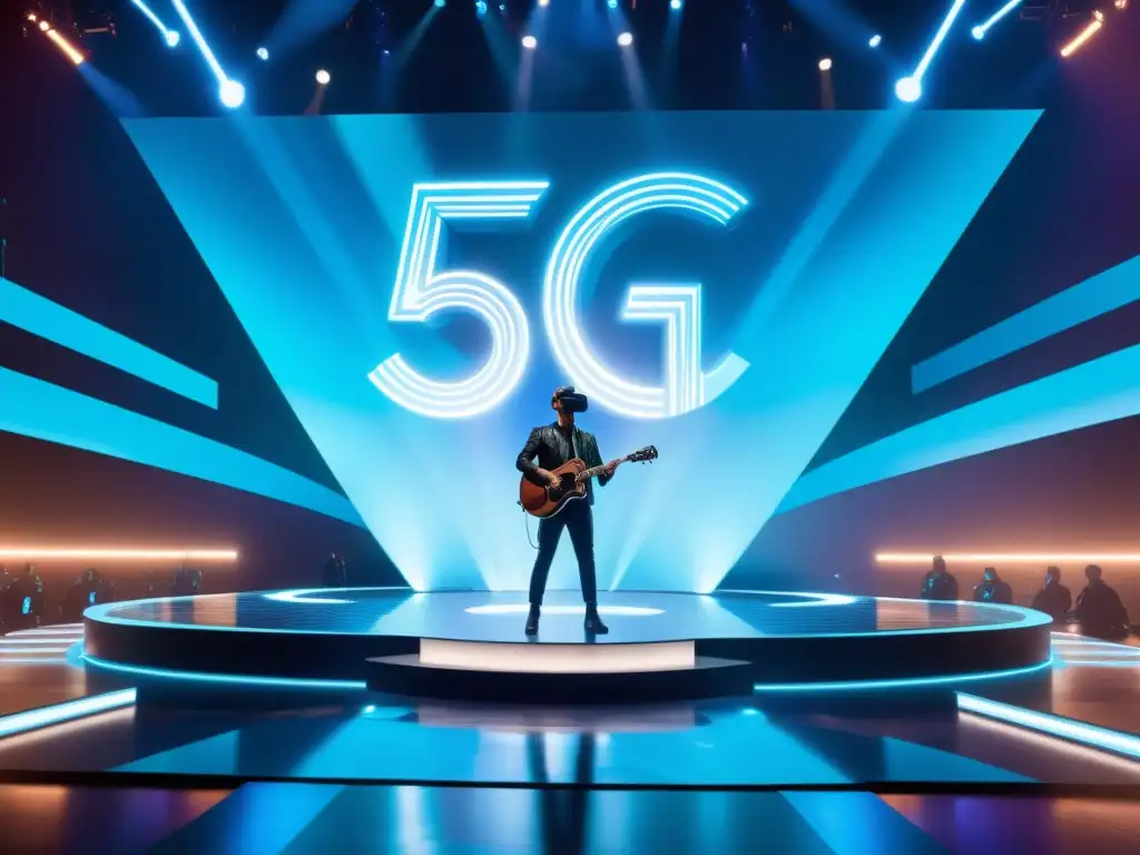 Un escenario de concierto virtual futurista con artistas holográficos, rodeado por el símbolo de una red 5G y datos de streaming