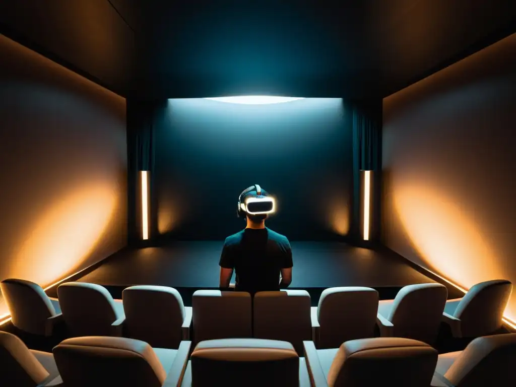 Escenario oscuro de teatro con un auricular de realidad virtual iluminado en un asiento vacío, evocando atmósfera inmersiva