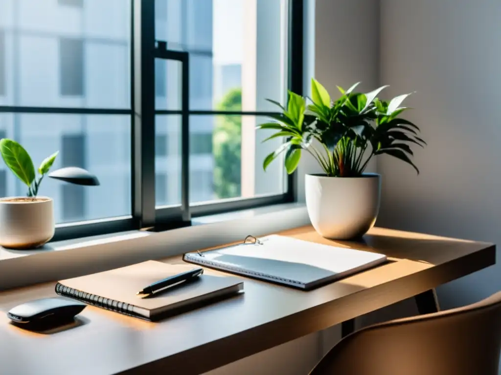 Un escritorio minimalista bañado por la luz natural, con computadora, libreta, café y planta