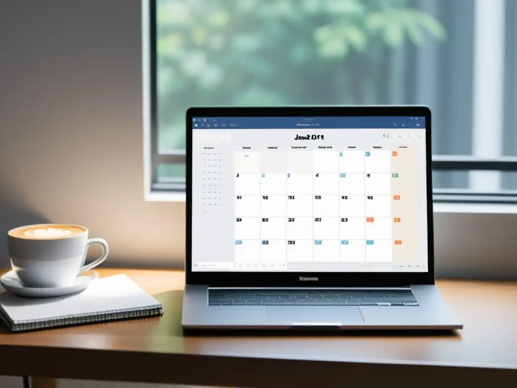 Escritorio minimalista con laptop, calendario editorial efectivo de redes sociales, bloc de notas y café, bañado por suave luz natural