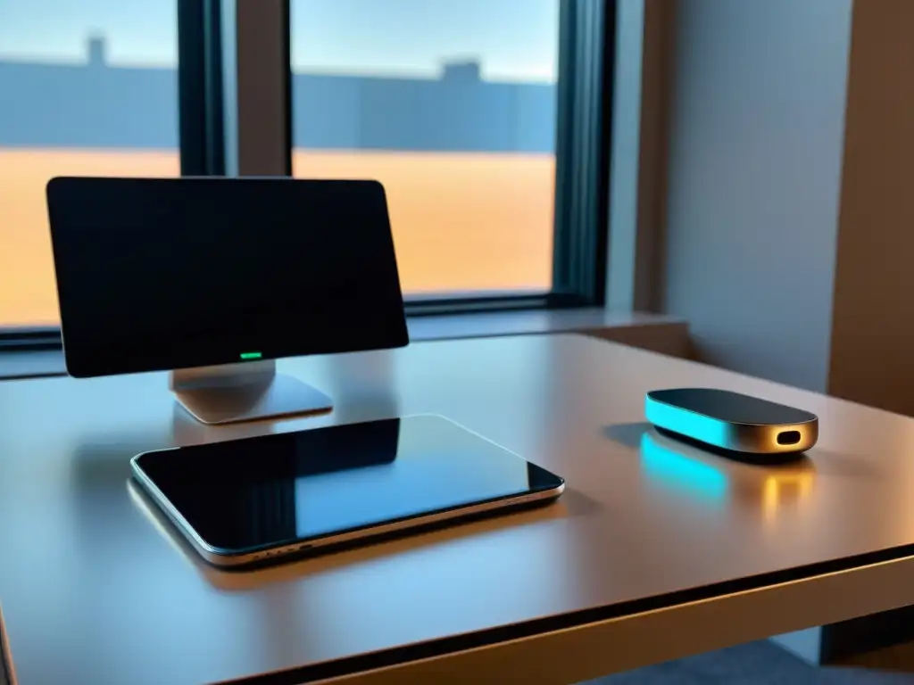 Un escritorio moderno con tecnología 5G, laptop y auriculares inalámbricos, iluminado por luz natural