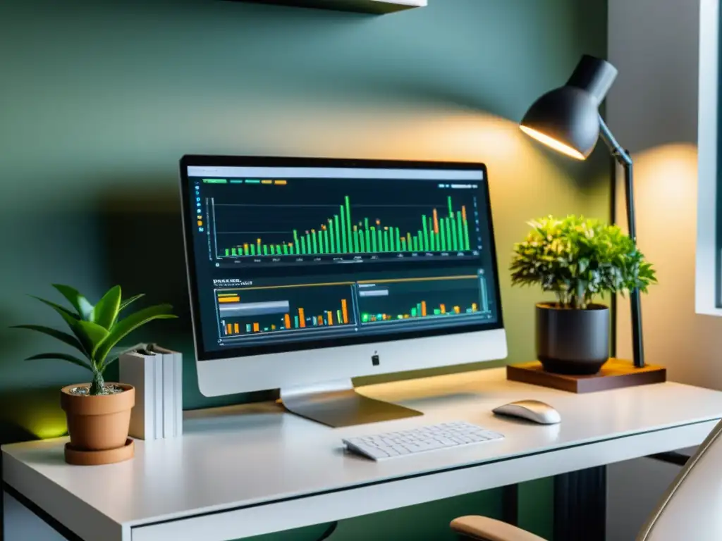 Escritorio de oficina moderno con visualizaciones de datos de IA en la pantalla