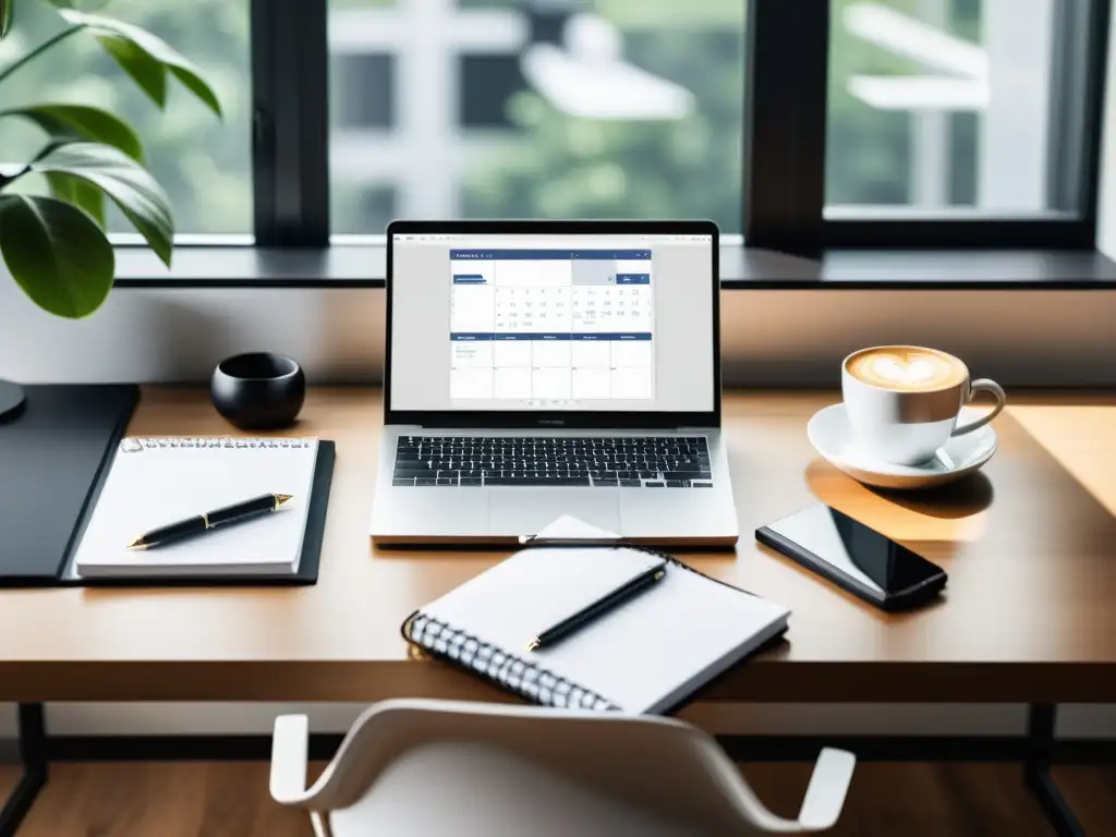 Escritorio organizado con laptop, libreta y café, ideal para un calendario editorial efectivo en redes sociales