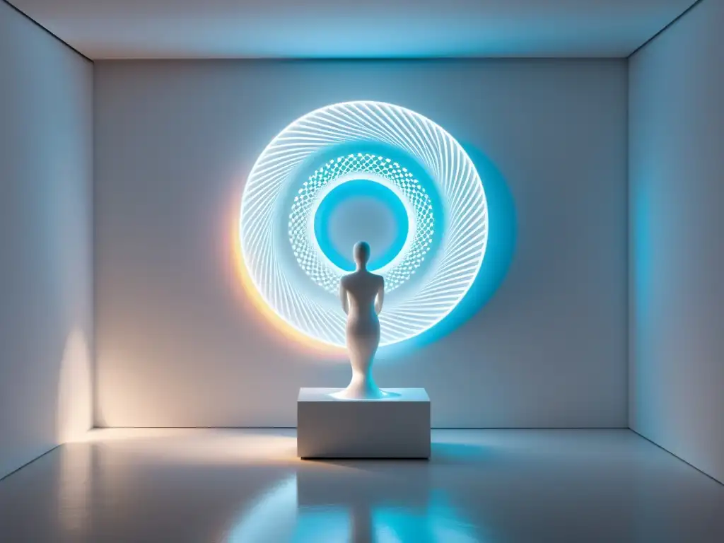 Escultura holográfica de IA en galería minimalista: modernidad serena y arte abstracto