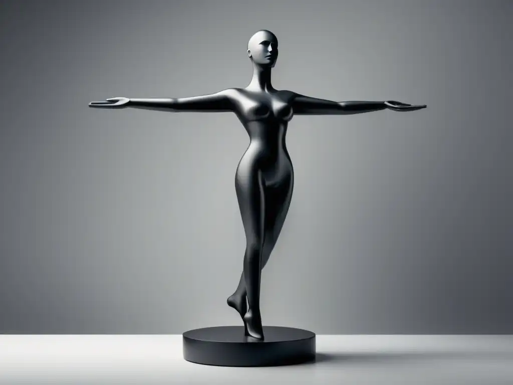 Escultura minimalista de figura humana con líneas y formas geométricas, proyecta fuerza y equilibrio