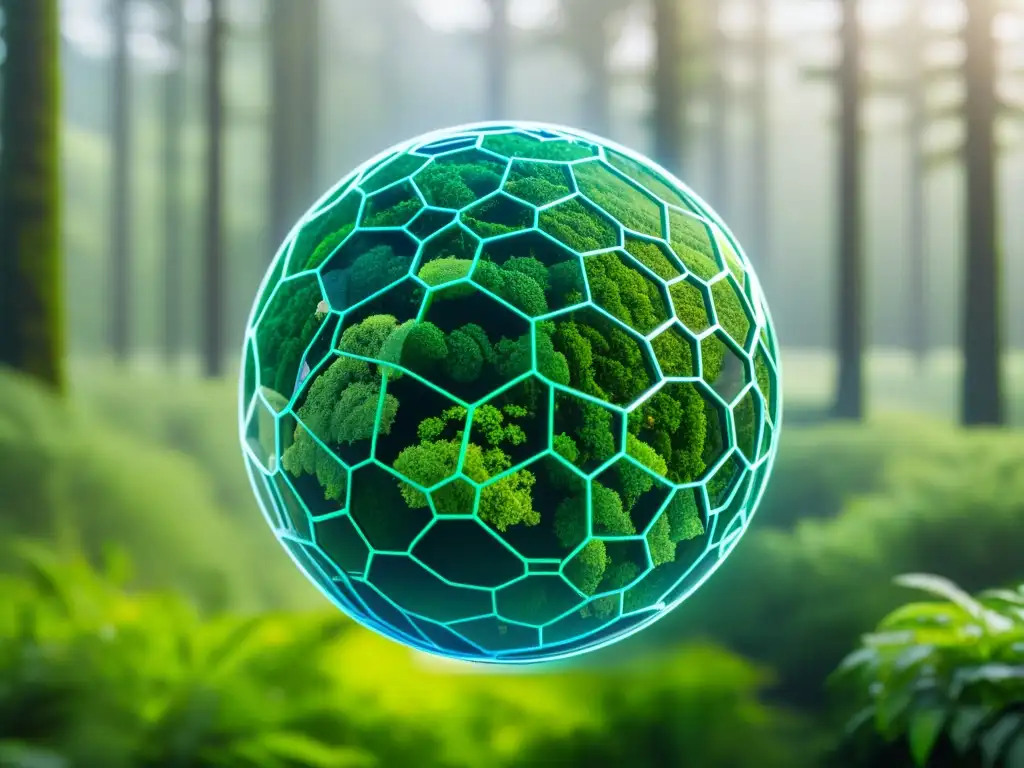 Esfera transparente con nodos y líneas de blockchain sobre un bosque exuberante, representando el uso de blockchain para rastrear impacto ambiental