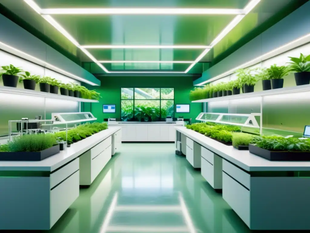 Espacio biotecnológico innovador con plantas verdes exuberantes, iluminación suave y diseño futurista