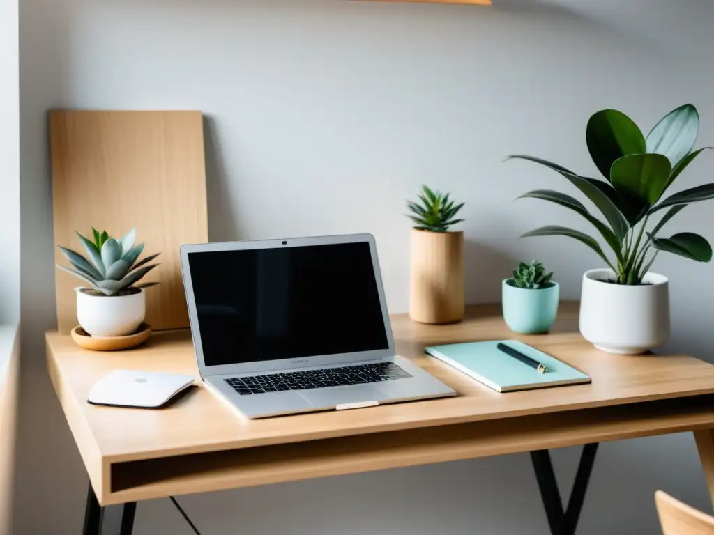 Espacio creativo minimalista con escritorio moderno, laptop, libreta y planta