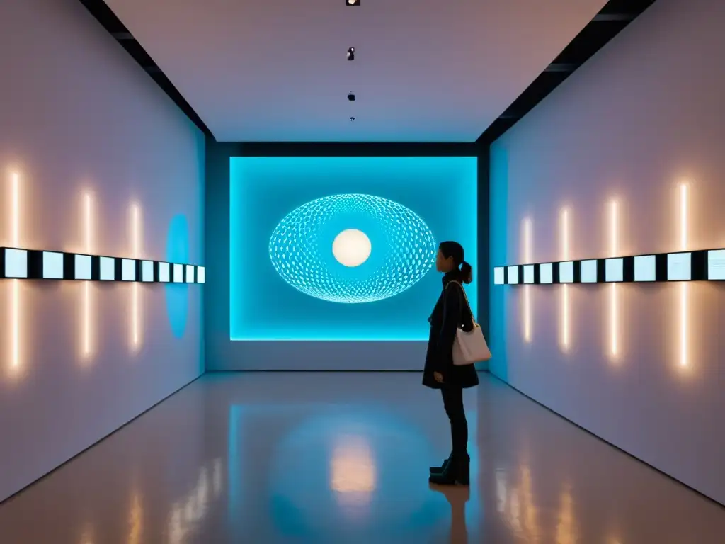 Espacio de galería futurista con arte interactivo con inteligencia artificial en ambiente innovador y creativo