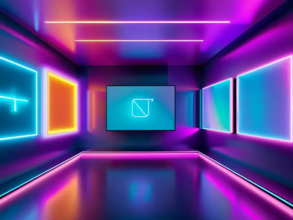 Un espacio futurista con hologramas de NFT en vibrantes colores neon