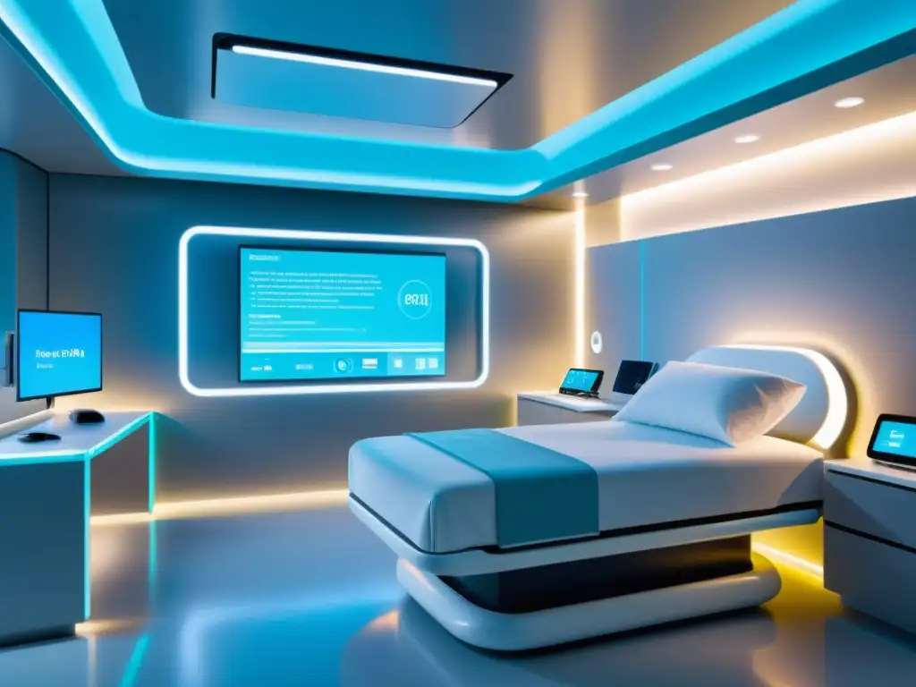 Espacio hospitalario futurista con tecnología 5G y registros electrónicos de salud, irradiando calma y eficiencia innovadora