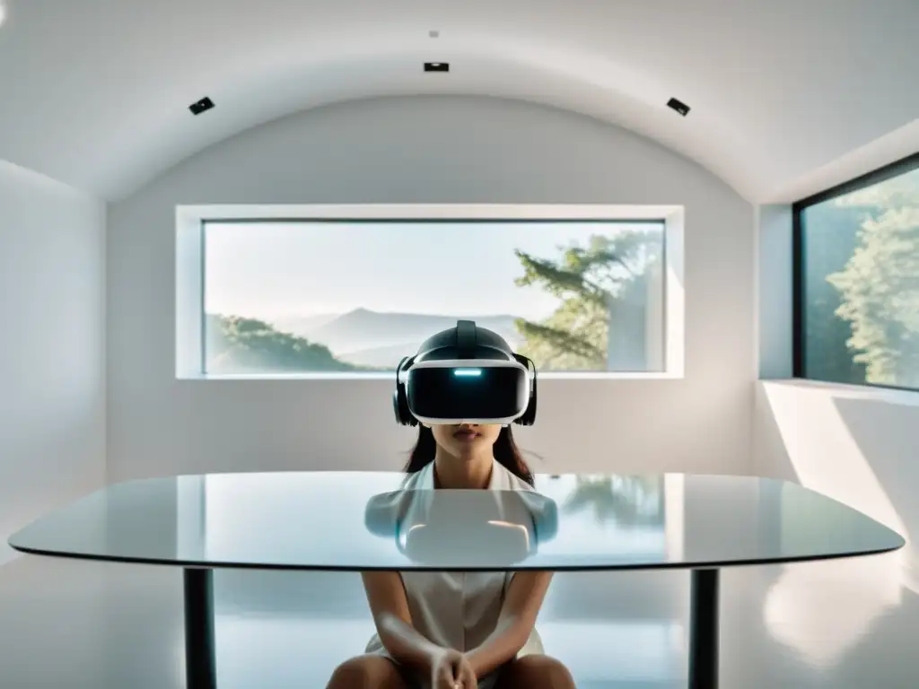 Espacio minimalista con auriculares de realidad virtual en mesa moderna, bañado por luz natural, para colaboración remota con RV/RA