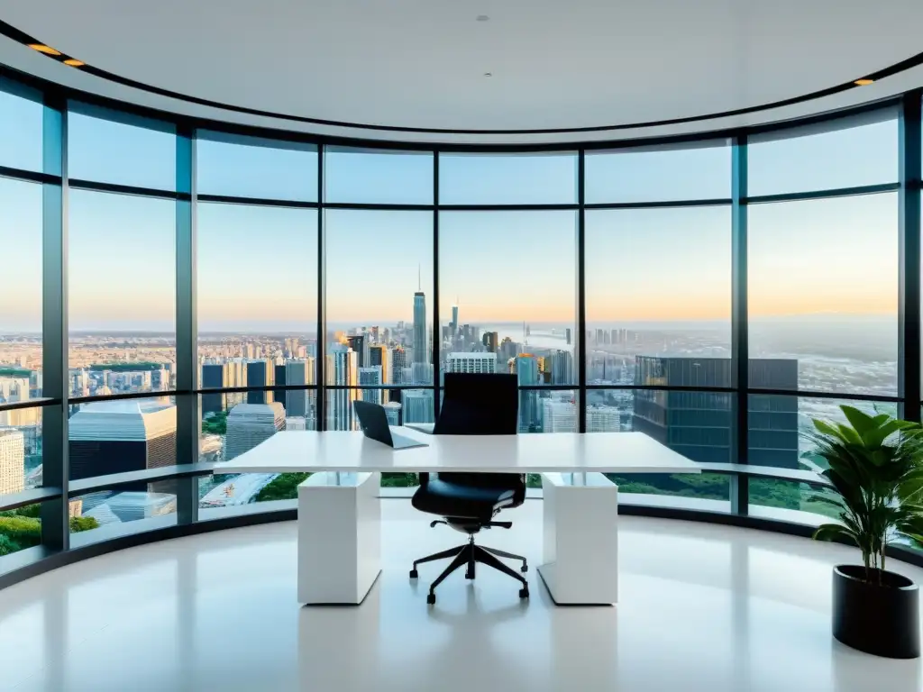 Oficina moderna con vista panorámica a la ciudad Un espacio de oficina moderno y minimalista con vista a la ciudad