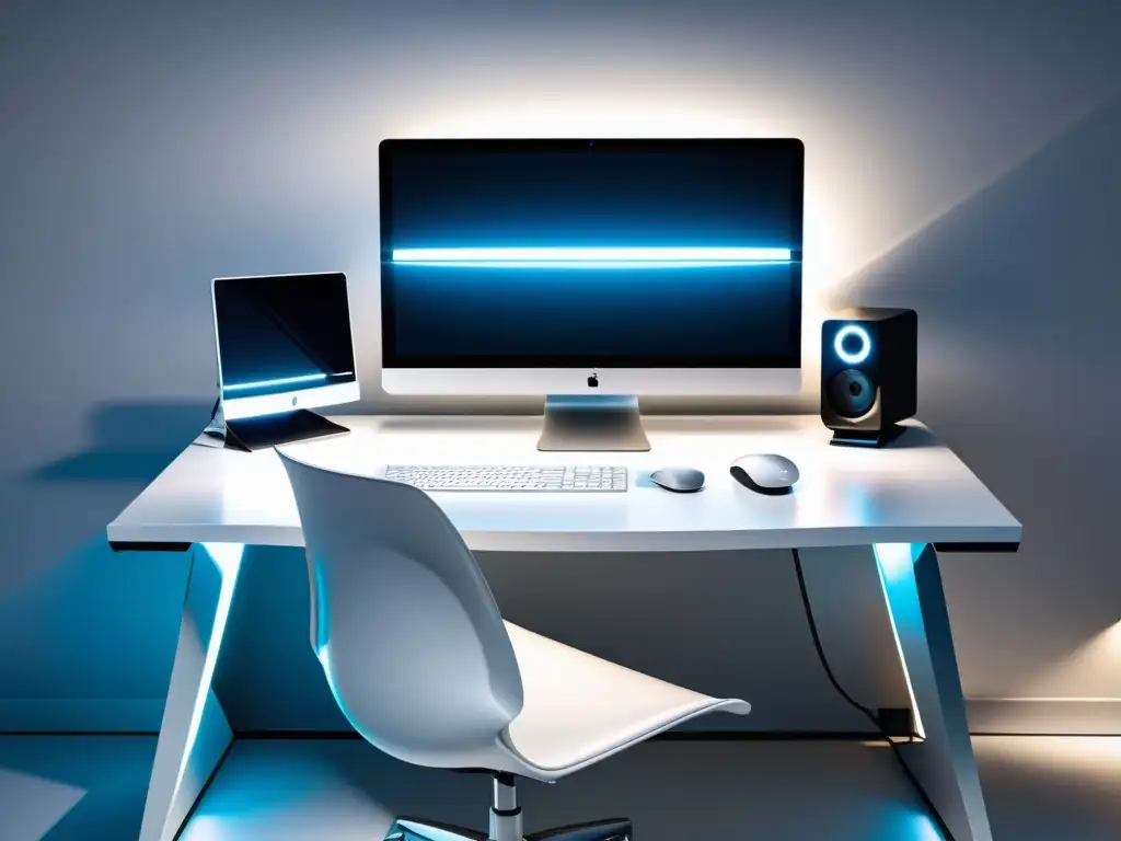 Espacio de trabajo futurista con escritorio blanco, silla ergonómica y monitor delgado