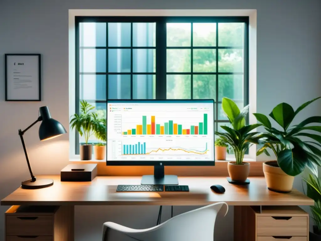 Espacio de trabajo minimalista con computadora mostrando gráficos de IA y análisis de datos, rodeado de plantas