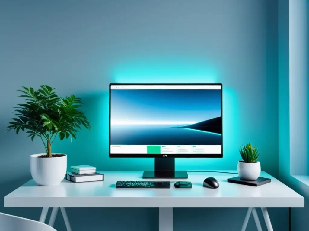 Espacio de trabajo minimalista con monitor de IA, iluminación azul y una planta