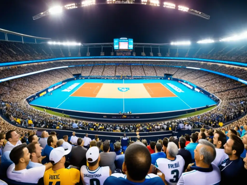 Un estadio abarrotado durante un evento deportivo emocionante, con cada detalle nítido