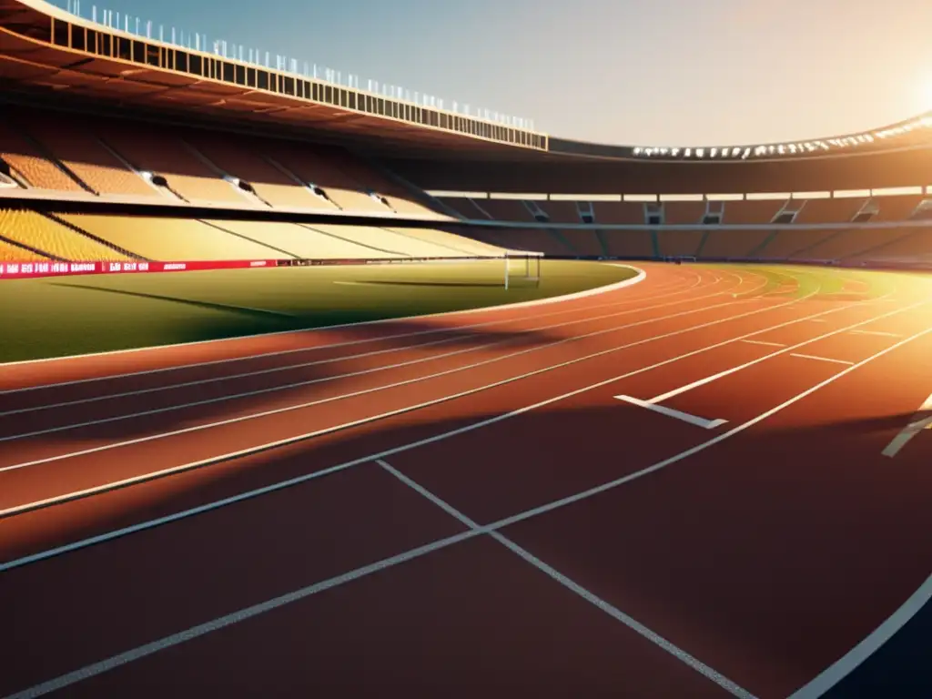 Estadio de atletismo al atardecer con tecnología de Big Data integrada, atletas en movimiento capturados con claridad asombrosa