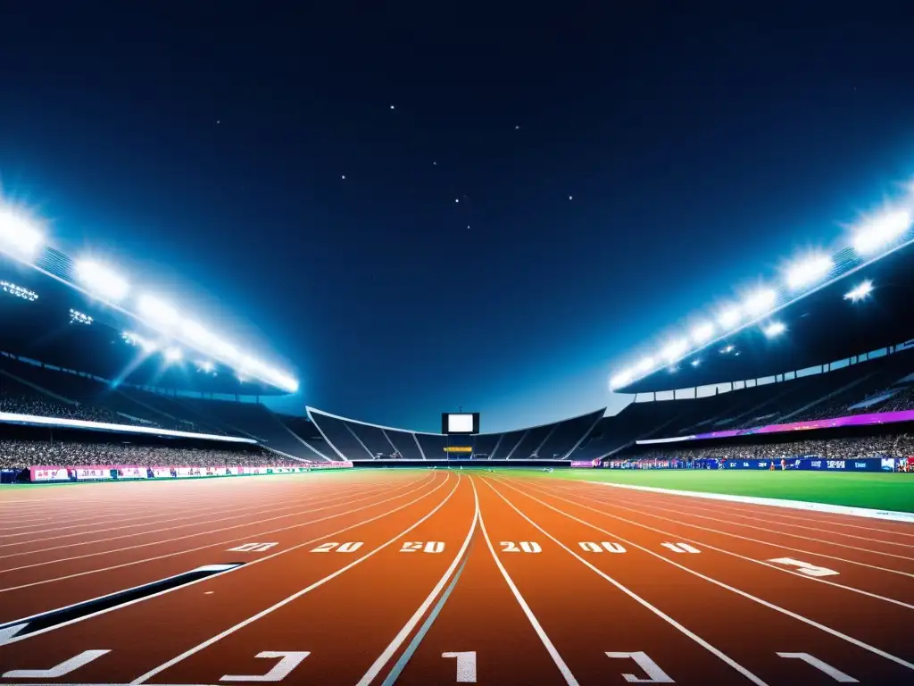 Un estadio de atletismo en la noche, iluminado por potentes focos con proyecciones de datos