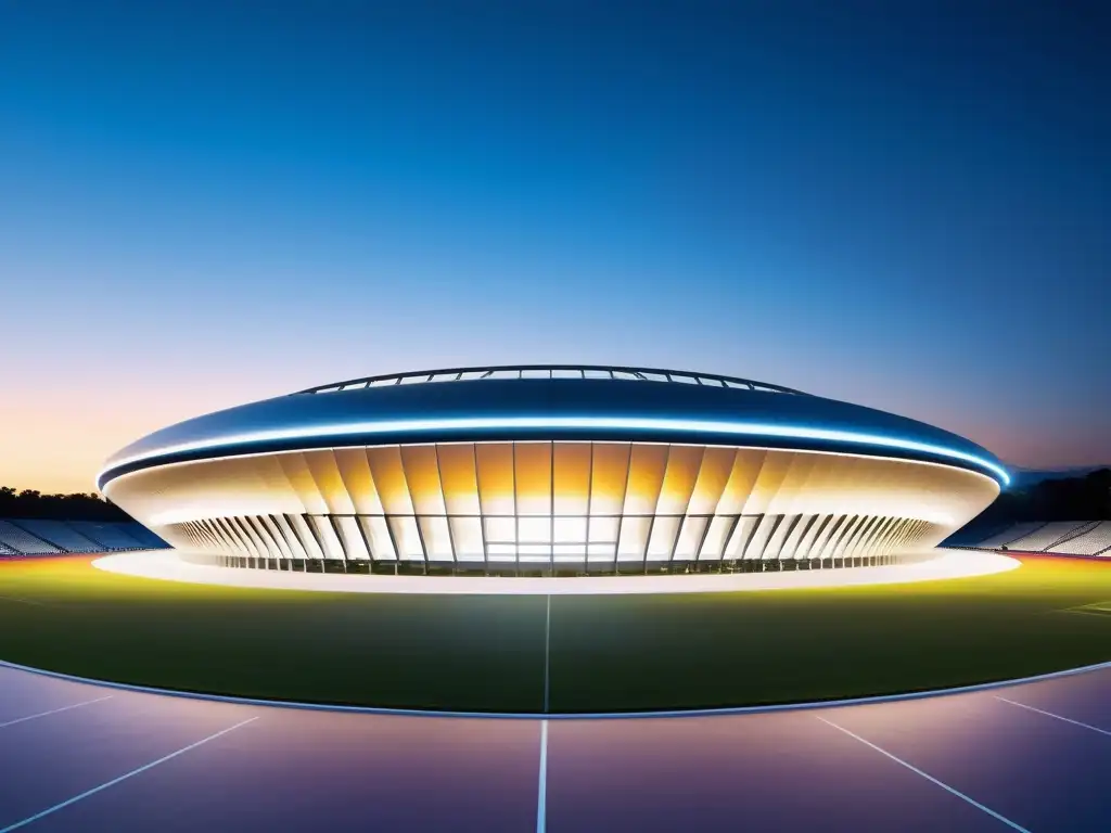 Estadio deportivo futurista al anochecer, con arquitectura moderna y tecnología de vanguardia