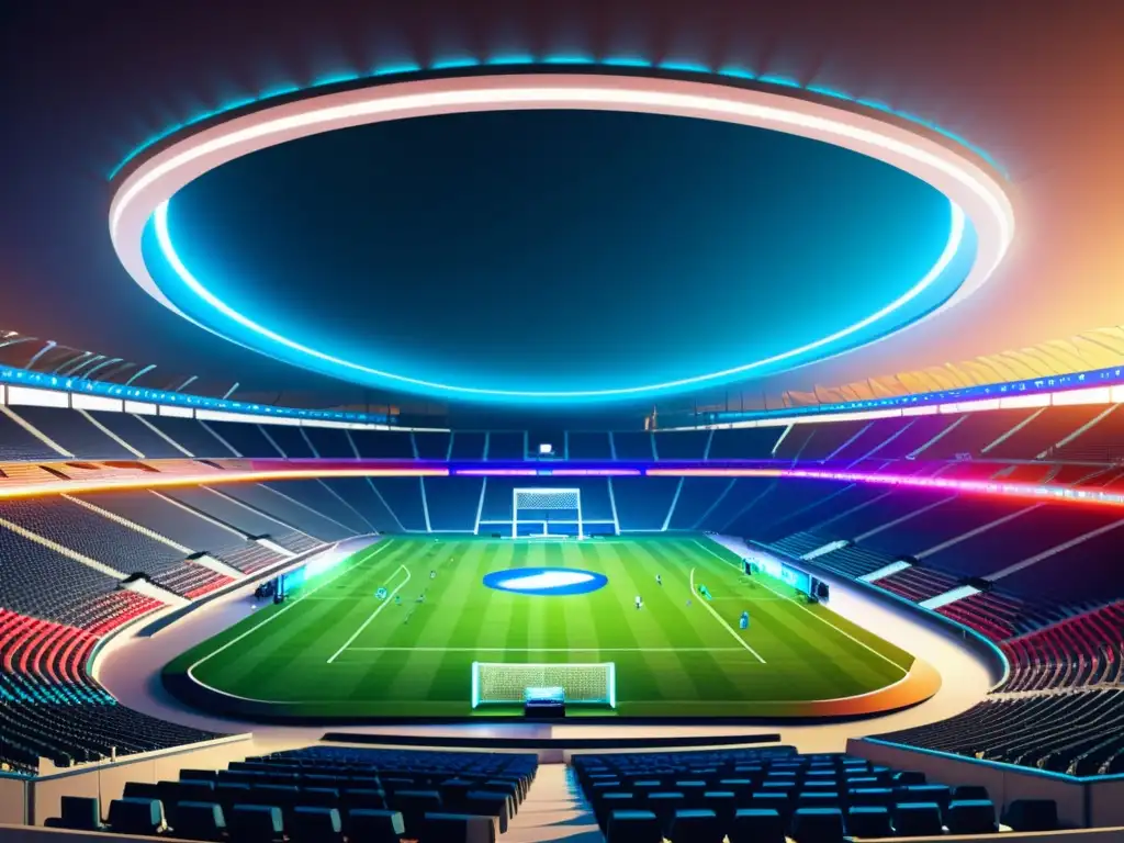 Estadio deportivo futurista iluminado con luces LED, espectadores y atletas