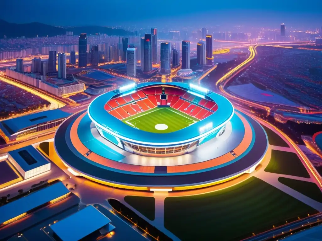 Un estadio deportivo futurista iluminado por luces LED vibrantes, rodeado de una ciudad bulliciosa