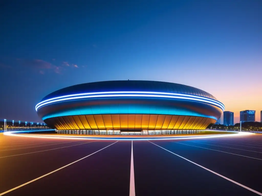 Estadio deportivo futurista iluminado por luces vibrantes en la noche, rodeado por la ciudad