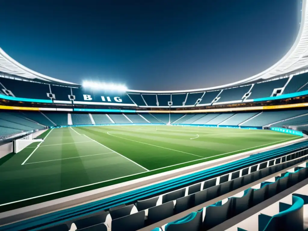 Un estadio deportivo futurista con integración de Big Data en apuestas deportivas, mostrando datos y estadísticas en el campo de juego