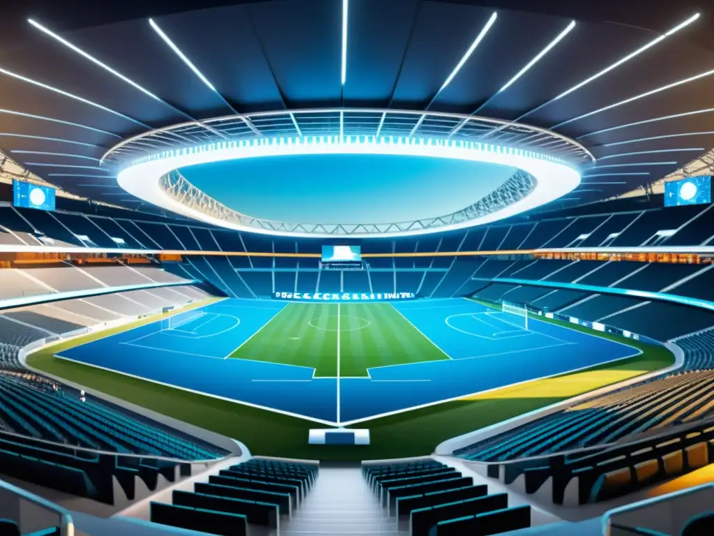 Estadio futurista con red blockchain, transparencia en traspasos deportivos mediante blockchain, tecnología y confianza en el mundo deportivo