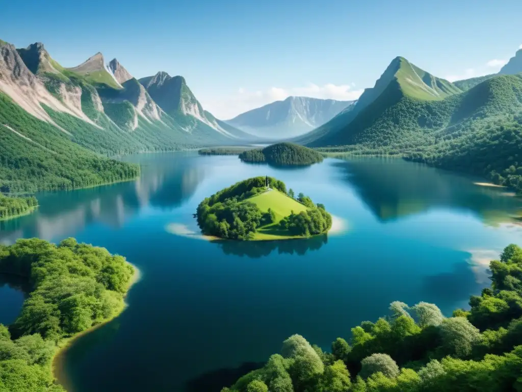 Estrategias innovadoras para el cambio climático: paisaje sereno con árboles verdes, cielo azul y lago reflejando la naturaleza