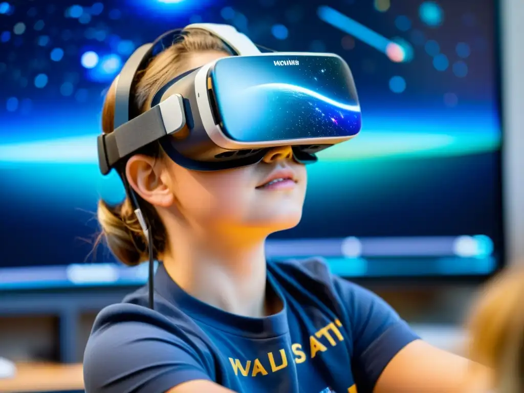 Estudiante asombrado explorando la Realidad Virtual en astronomía educativa