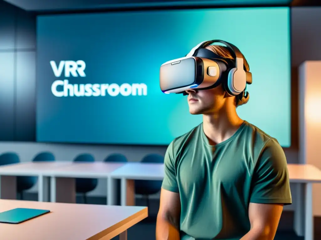 Un estudiante con auriculares de realidad virtual, inmerso en contenido educativo en un aula futurista