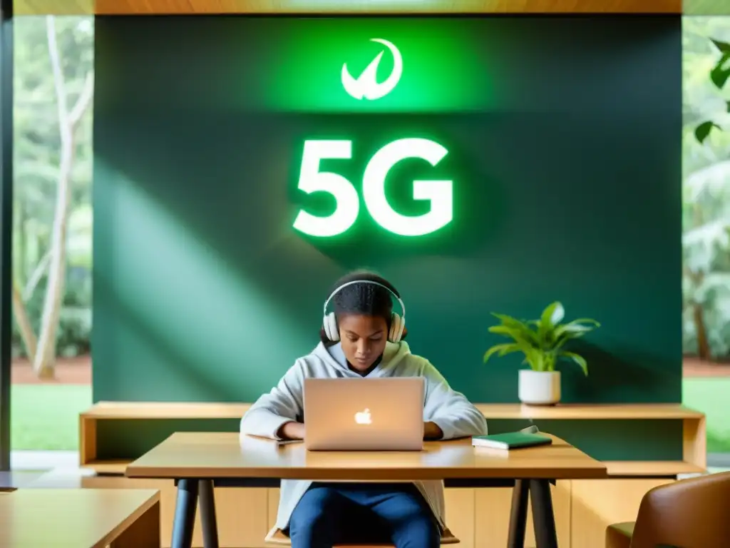 Estudiante concentrado en educación a distancia con 5G, rodeado de luz natural y vegetación, trabajando en un escritorio moderno con laptop 5G