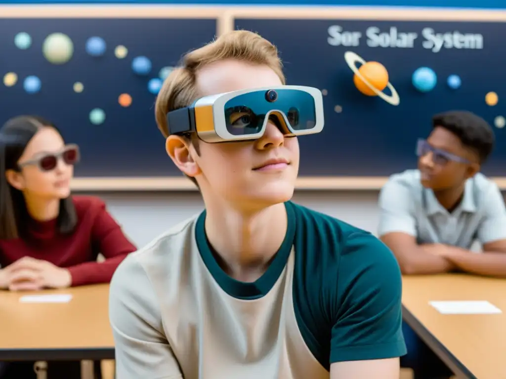 Estudiante con discapacidad visual usa gafas de realidad aumentada para explorar el sistema solar en un ambiente de apoyo y inclusión