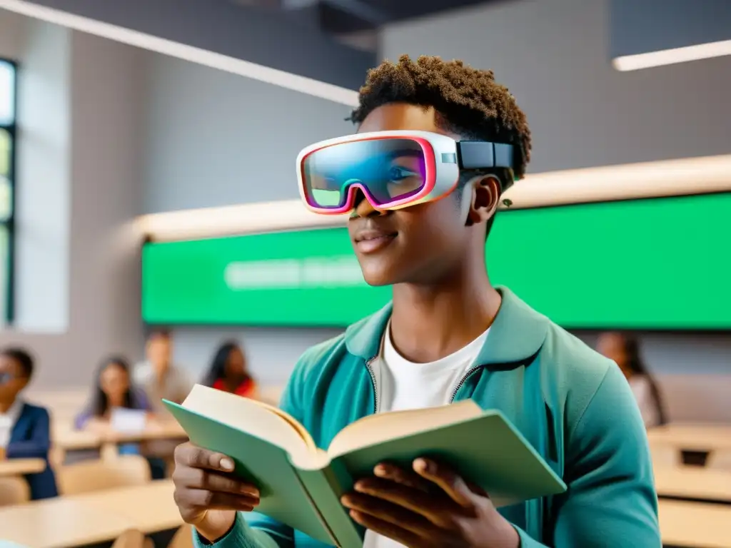 Estudiante usando gafas de realidad aumentada en clase, interactuando con libro virtual