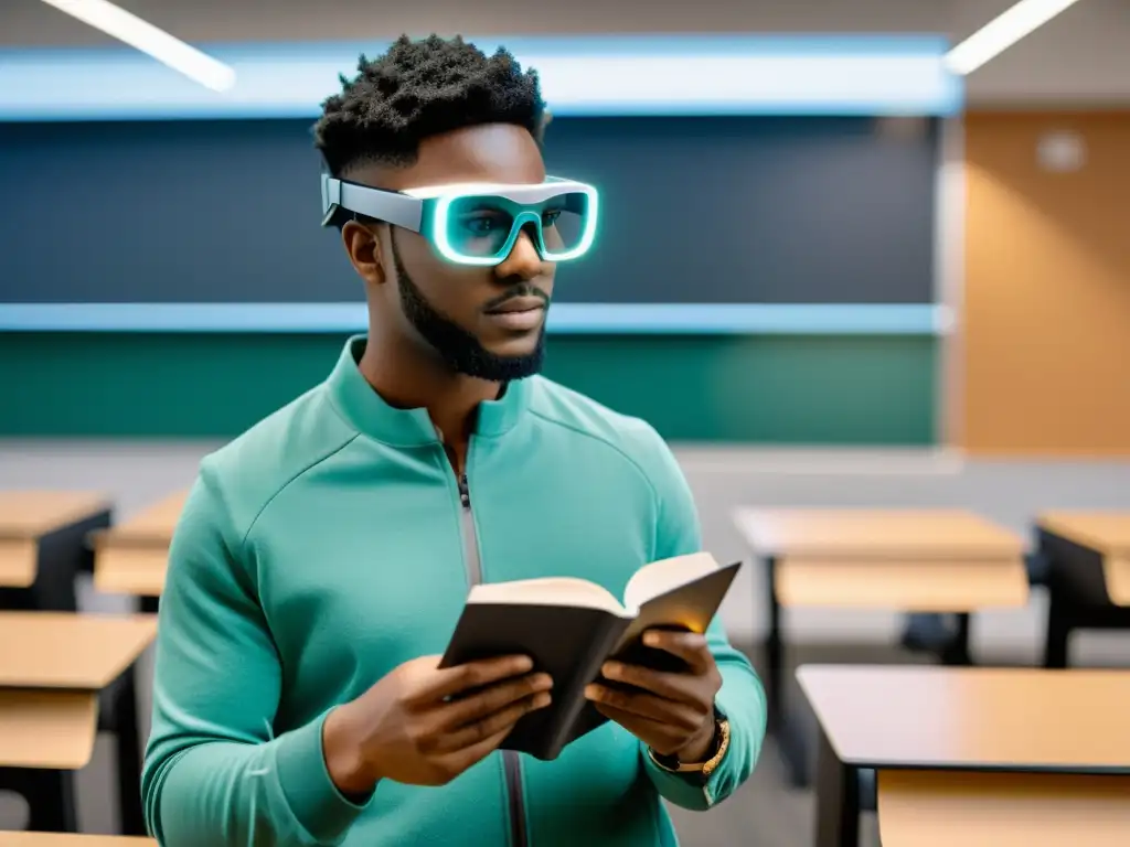 Estudiante con gafas de realidad aumentada leyendo un libro en aula moderna