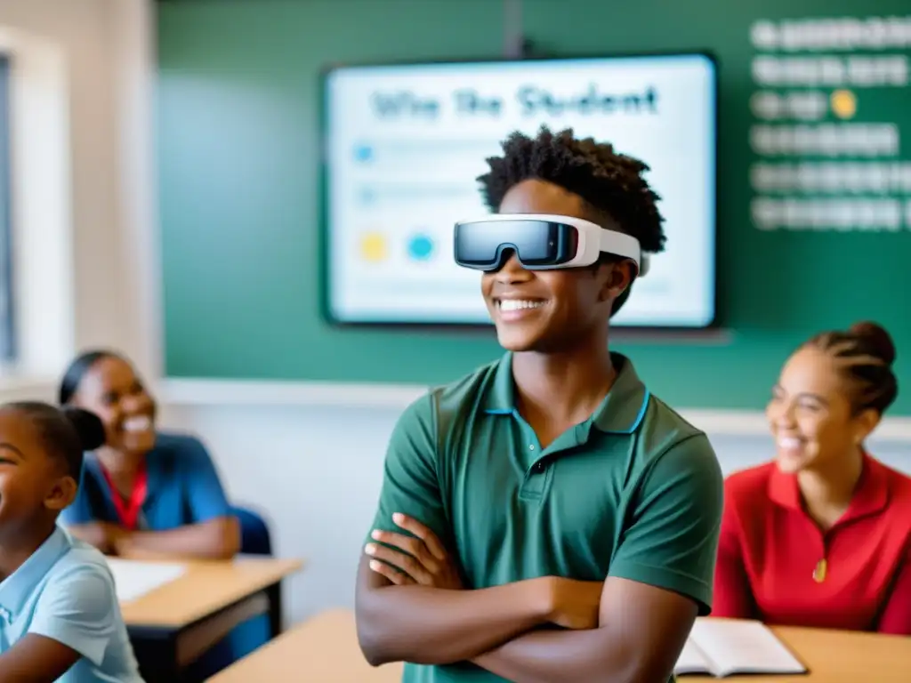 Estudiante con gafas de realidad aumentada recibe apoyo de maestros y compañeros en el aula, creando una experiencia de aprendizaje enriquecedora