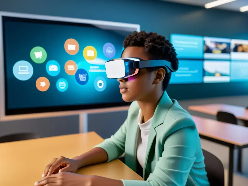 Estudiante usando gafas de realidad aumentada en aula futurista con proyección holográfica educativa