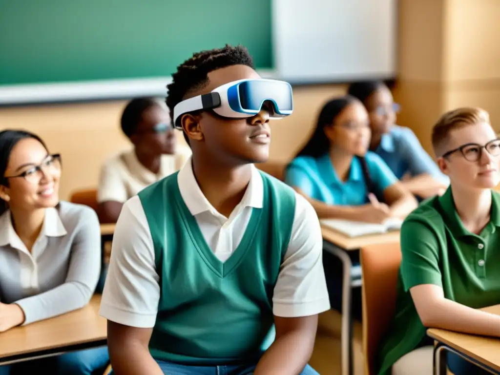 Estudiante con necesidades especiales usa gafas de realidad aumentada en aula inclusiva con apoyo de maestros y compañeros de clase