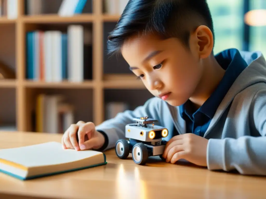 Un estudiante ensambla un robot entre libros y materiales educativos