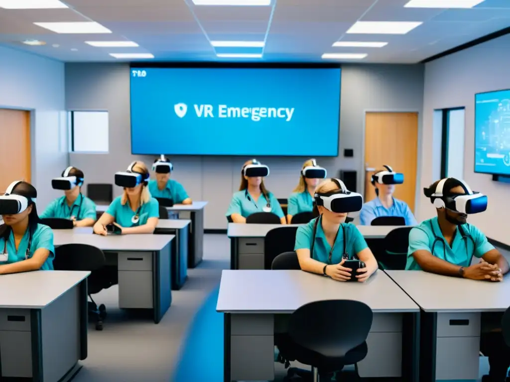 Estudiantes usando aplicaciones de realidad virtual en emergencias en un aula simulada con equipo médico detallado